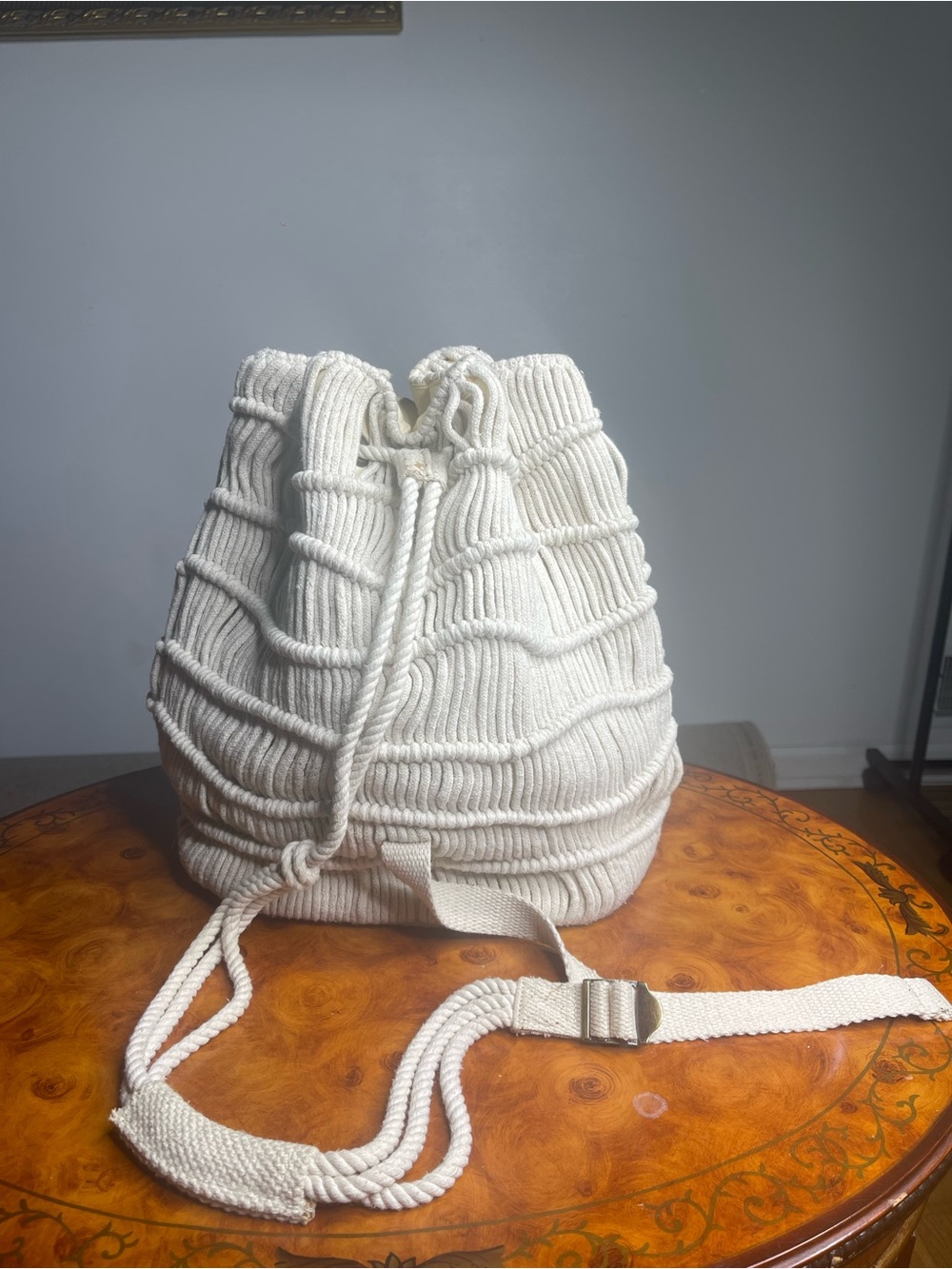Cream Textured Drawstring Backpack - Picture 2 of 4